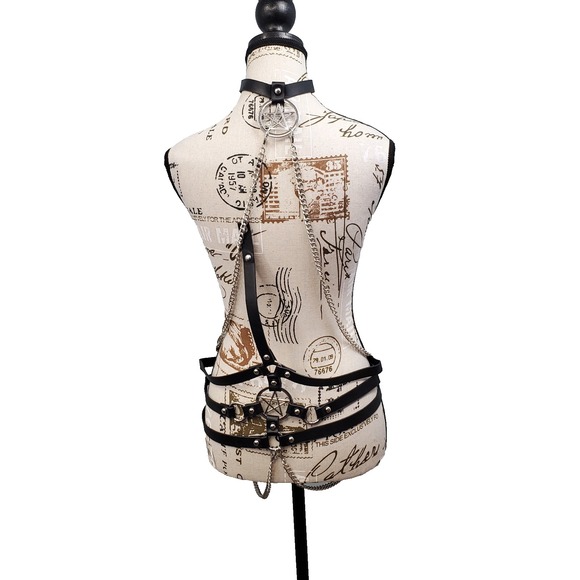 Killstar Accessories - KILLSTAR Hellz Bells Gothic Punk Pentagram Body Harness Chain Choker Belt Black